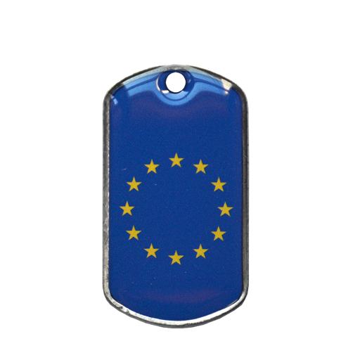 Plaque militaire ID Tag ornée du drapeau Européen.En porte-clés ou en pendentif, pour identifier ou revendiquer, c'est comme vous voulez !Motif imprimé UV recouvert d'une r