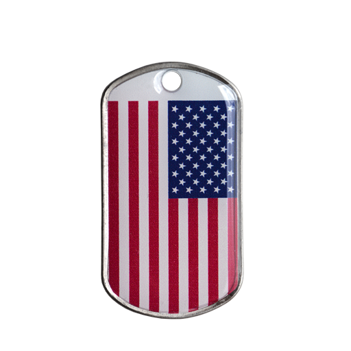 Plaque militaire ID Tag ornée du drapeau des USA.En porte-clés ou en pendentif pour revendiquer ou identifier, , c'est comme vous voulez !Motif imprimé UV recouvert d'une ré