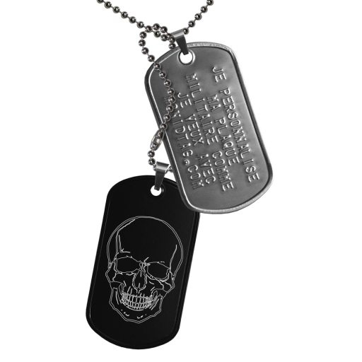 Pendentif de type plaque militaire dog tag gravé d'un motif SKULL.Cet ID Tag est composé de 2 plaques militaires en acier à bords retournés et montées sur bél