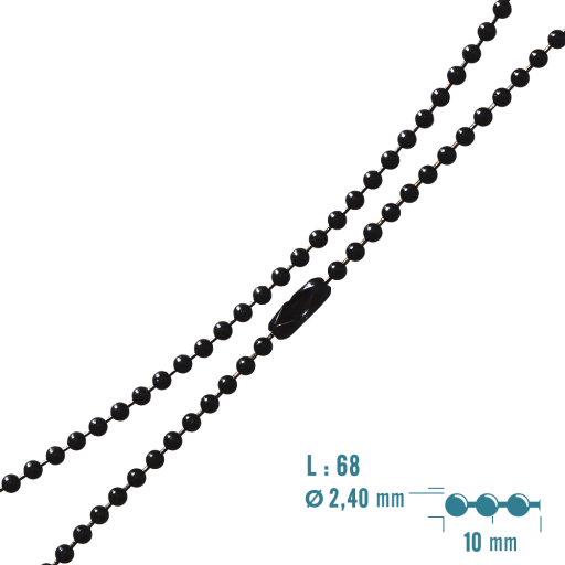 Collier 68 cm de type Chaîne Boules en Acier Noire Epoxy avec connecteur. Démontable et sécable pour un ajustement optimum.
Autres longueurs disponibles (60 et 76 cm)