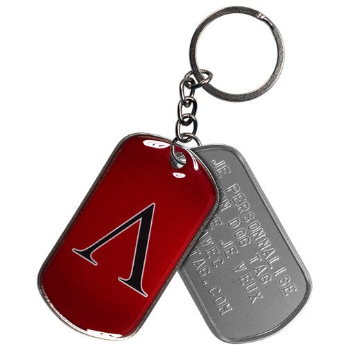 Ce porte-clés ID Tag comporte 2 plaques militaires Dog Tag montées sur un anneau chainette Ø 24 mm. L'ensemble est en acier et est entièrement personnalisable. Chacune des 