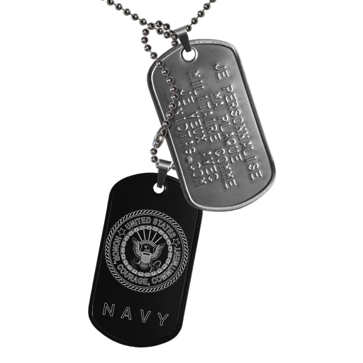 Pendentif gravé de l'insigne de l'US NAVY.Cet ID Tag est composé de 2 plaques militaires en acier à bords retournés et montées sur bélières. La premi&e