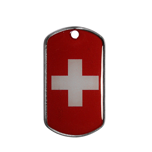 Pour nos voisins Helvètes, plaque militaire ID Tag ornée du drapeau Suisse.En porte-clés ou en pendentif, pour identifier ou revendiquer, c'est comme vous voulez !Motif imprim&eac