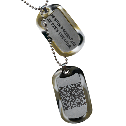 Cette paire d'ID Tag en acier est composé de 2 plaques militaires au format dog tag gravées au laser. Ici d'un texte sur la première et d'un QR Code sur la seconde. Chaque plaque 